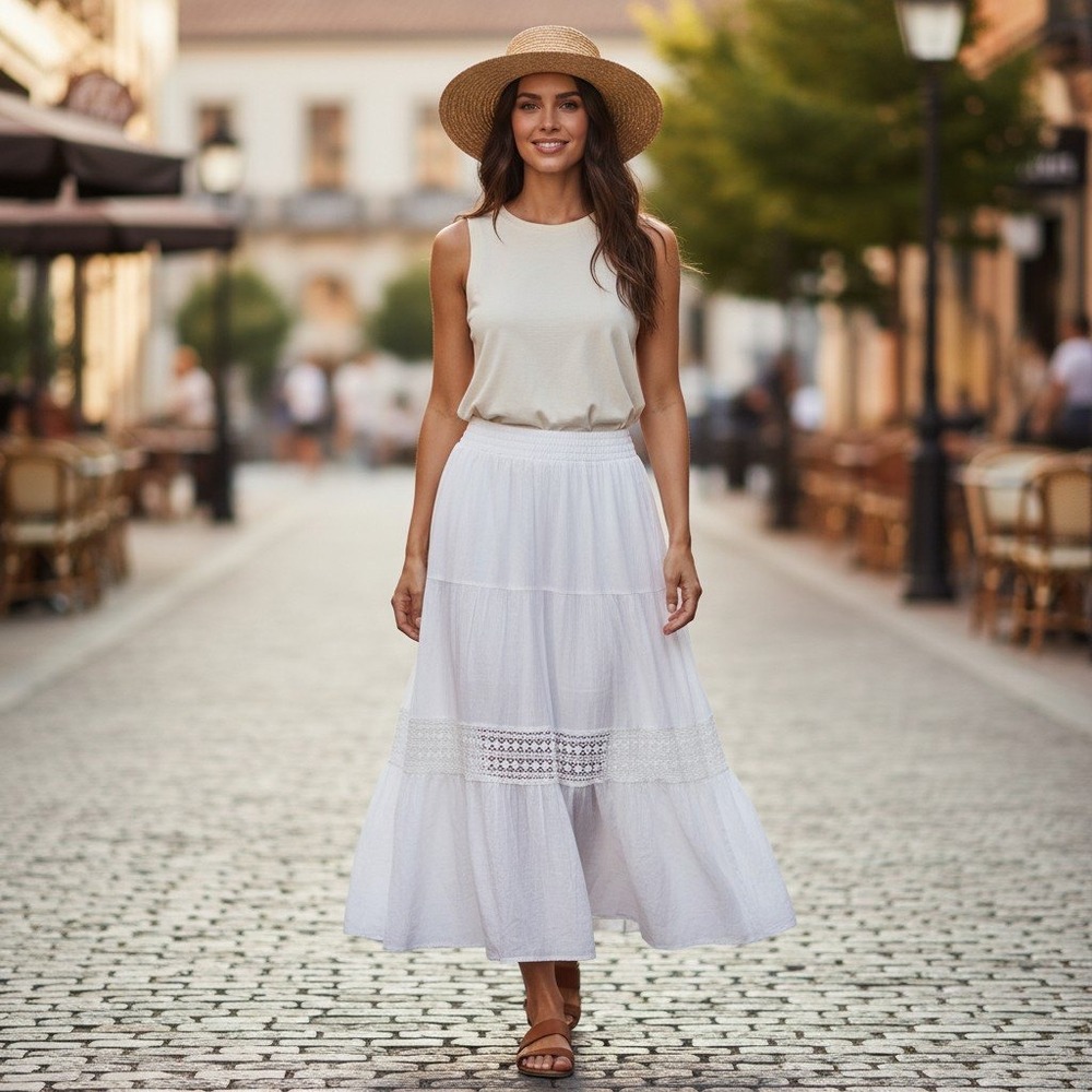 Cupio Blush Tiered Maxi Skirt Large White Smocked Waist Crochet Lace Boho Gauze